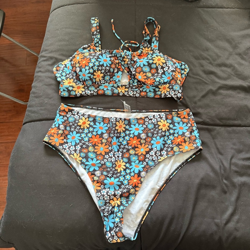 SHEIN Floral Bikini Set - Orange and Blue